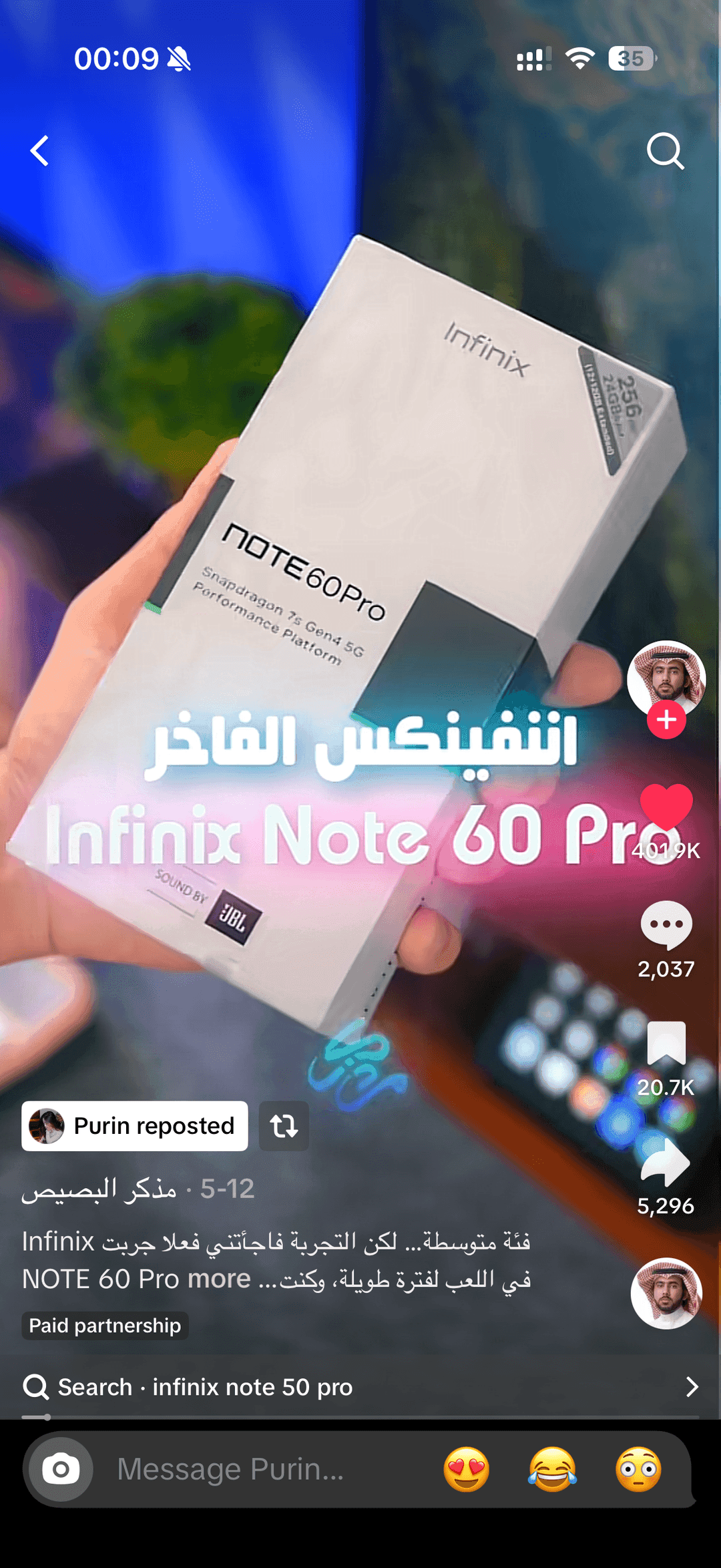 Infinix creator proof showing product box and engagement UI